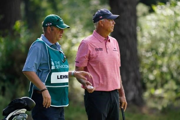 Tom Lehman of United States in action during the second round of the Senior Open presented by Rolex at Sunningdale Golf Club on July 23, 2021 in...