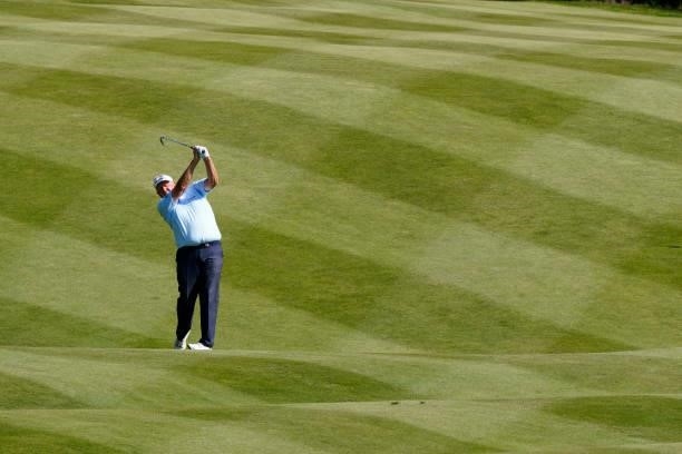 Colin Montgomerie of Scotland in action during the second round of the Senior Open presented by Rolex at Sunningdale Golf Club on July 23, 2021 in...