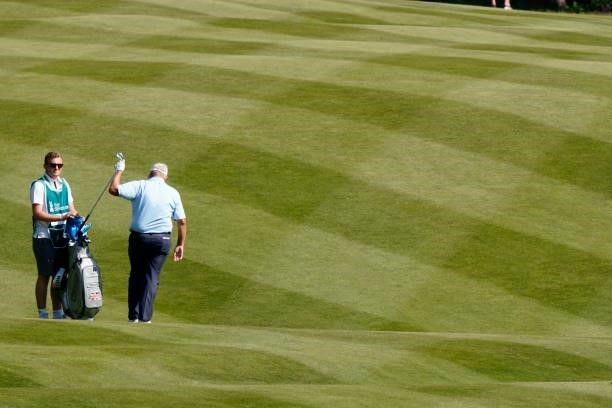 Colin Montgomerie of Scotland in action during the second round of the Senior Open presented by Rolex at Sunningdale Golf Club on July 23, 2021 in...
