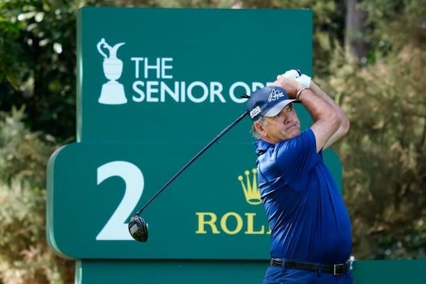 David Frost of South Africa in action during the second round of the Senior Open presented by Rolex at Sunningdale Golf Club on July 23, 2021 in...