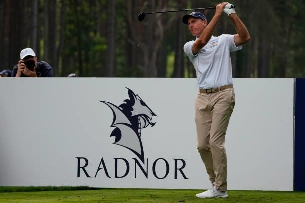 Jim Furyk of United States in action during the second round of the Senior Open presented by Rolex at Sunningdale Golf Club on July 23, 2021 in...