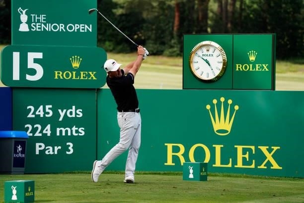 Alex Cjeka of Germany in action during the second round of the Senior Open presented by Rolex at Sunningdale Golf Club on July 23, 2021 in...