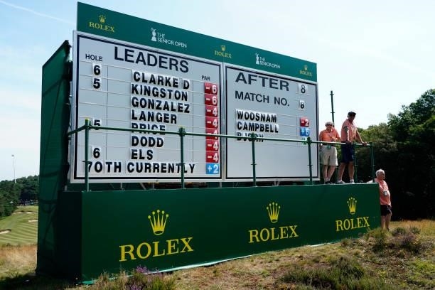 Scoreboard during the second round of the Senior Open presented by Rolex at Sunningdale Golf Club on July 23, 2021 in Sunningdale, England.