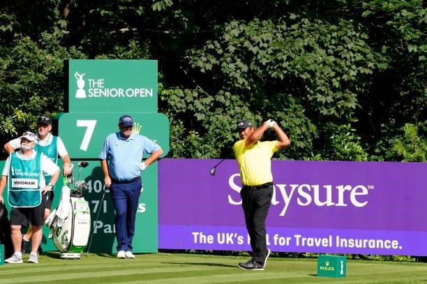 Michael Campbell of New Zealand in action during the second round of the Senior Open presented by Rolex at Sunningdale Golf Club on July 23, 2021 in...
