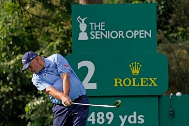Thomas Bjorn of Denmark in action during the second round of the Senior Open presented by Rolex at Sunningdale Golf Club on July 23, 2021 in...