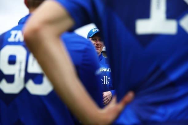 London Spirit Captain Eoin Morgan gives a team talk during The Hundred game between Birmingham Phoenix and London Spirit at Edgbaston on July 23,...