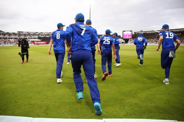 London Spirit make their way to the field during The Hundred game between Birmingham Phoenix and London Spirit at Edgbaston on July 23, 2021 in...