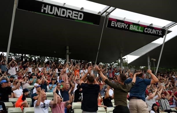 The crowd cheer during The Hundred match between Birmingham Phoenix and London Spirit at Edgbaston on July 23, 2021 in Birmingham, England.