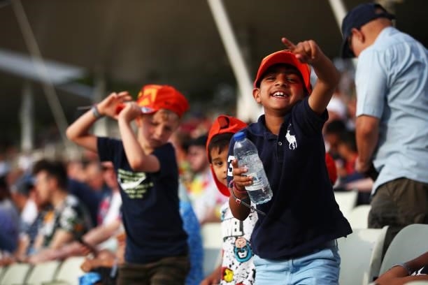 Fans enjoy the atmosphere during The Hundred game between Birmingham Phoenix and London Spirit at Edgbaston on July 23, 2021 in Birmingham, England.