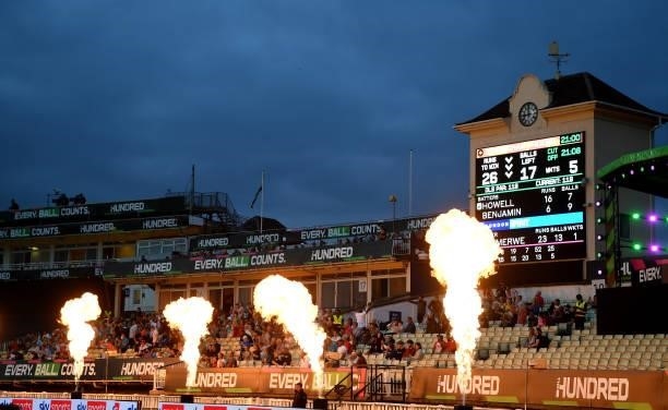 Fireworks set off in front of the scoreboard during The Hundred match between Birmingham Phoenix and London Spirit at Edgbaston on July 23, 2021 in...