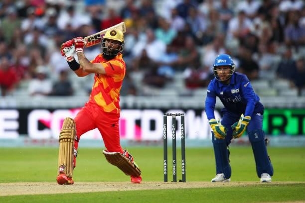 Moeen Ali of Birmingham Phoenix hits out during The Hundred game between Birmingham Phoenix and London Spirit at Edgbaston on July 23, 2021 in...