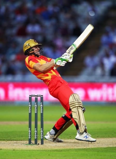 Chris Benjamin of Birmingham Phoenix hits out during The Hundred game between Birmingham Phoenix and London Spirit at Edgbaston on July 23, 2021 in...