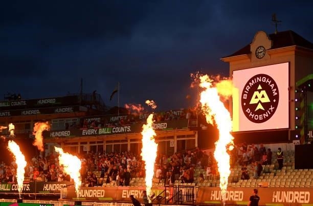Fireworks set off during The Hundred match between Birmingham Phoenix and London Spirit at Edgbaston on July 23, 2021 in Birmingham, England.