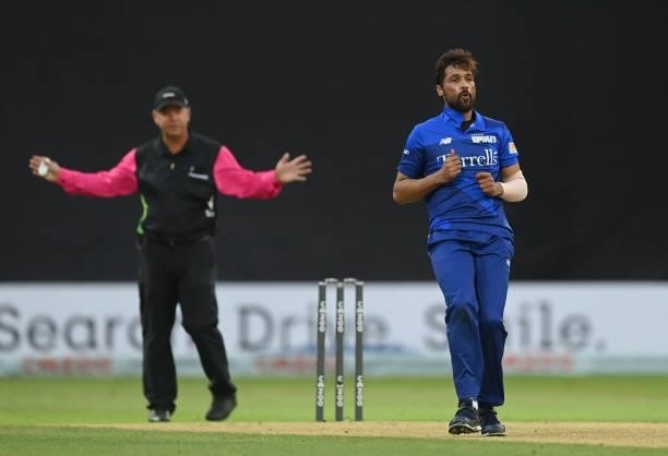 Mohammad Amir of London Spirit bowls a wide during The Hundred match between Birmingham Pheonix and London Spirit at Edgbaston on July 23, 2021 in...