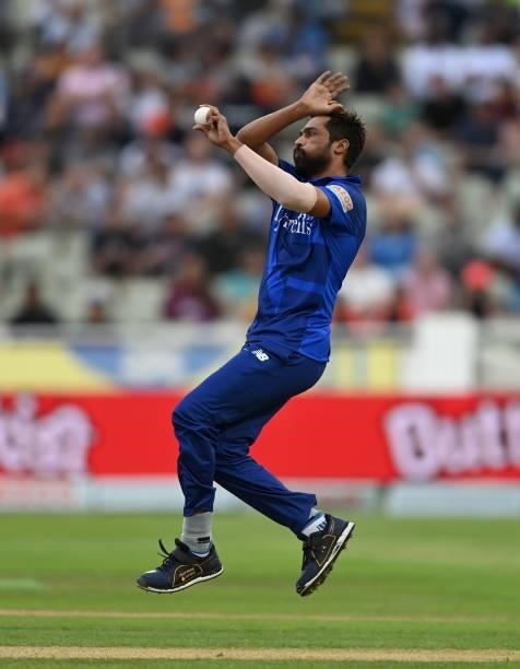 Mohammad Amir of London Spirit bowls during The Hundred match between Birmingham Phoenix and London Spirit at Edgbaston on July 23, 2021 in...