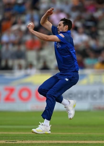 Chris Wood of London Spirit bowls during The Hundred match between Birmingham Phoenix and London Spirit at Edgbaston on July 23, 2021 in Birmingham,...