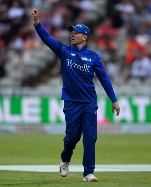 London Spirit captain Eoin Morgan directs the field during The Hundred match between Birmingham Phoenix and London Spirit at Edgbaston on July 23,...