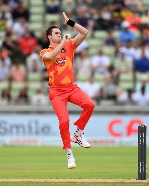 Adam Milne of Birmingham Phoenix bowls during The Hundred match between Birmingham Phoenix and London Spirit at Edgbaston on July 23, 2021 in...