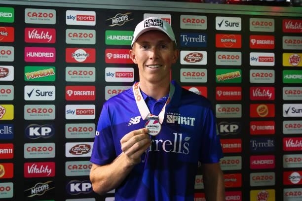 Zak Crawley of London Spirit poses for a picture with his Match Hero medal during The Hundred game between Birmingham Phoenix and London Spirit at...
