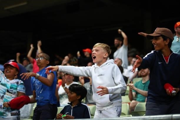 Fans enjoy the atmosphere during The Hundred game between Birmingham Phoenix and London Spirit at Edgbaston on July 23, 2021 in Birmingham, England.