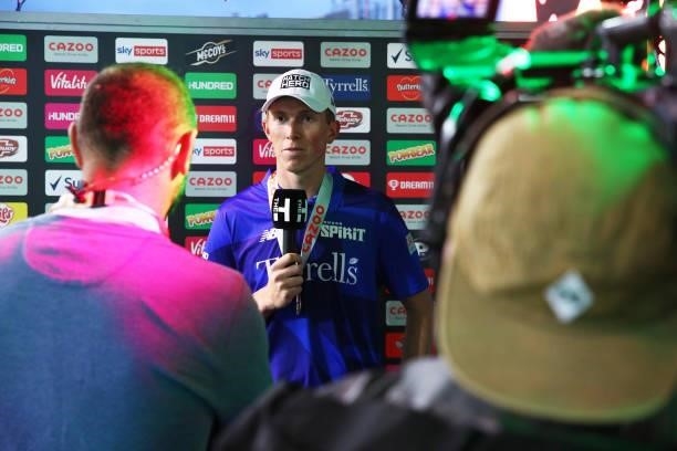Zak Crawley of London Spirit gives a TV interview after The Hundred game between Birmingham Phoenix and London Spirit at Edgbaston on July 23, 2021...