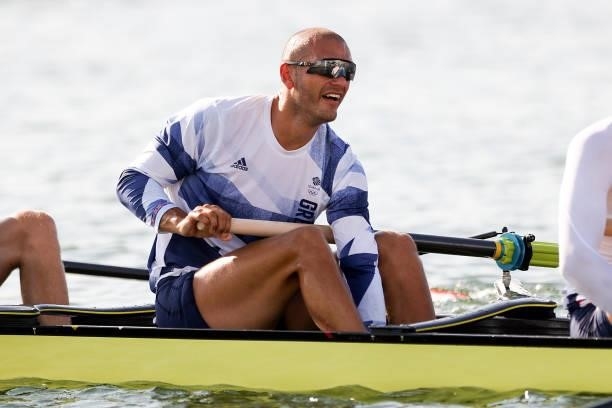 Mohamed Sbihi of Team Great Britain Men's Eight trains prior to competition on day one of the Tokyo 2020 Olympic Games at Sea Forest Waterway on July...