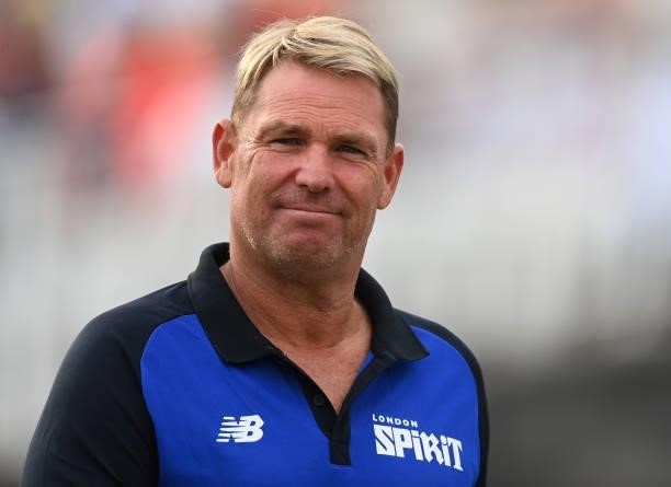 Shane Warne, the coach of London Spirit smiles before The Hundred match between Birmingham Pheonix and London Spirit at Edgbaston on July 23, 2021 in...