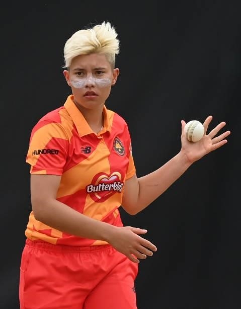 Issy Wong of Birmingham Pheonix looks on during The Hundred match between Birmingham Pheonix and London Spirit at Edgbaston on July 23, 2021 in...
