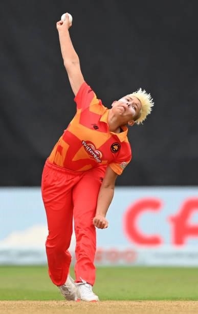 Issy Wong of Birmingham Pheonix bowls during The Hundred match between Birmingham Pheonix and London Spirit at Edgbaston on July 23, 2021 in...