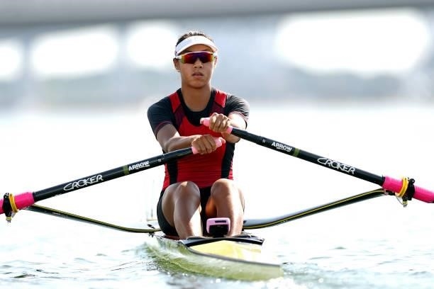 Wing Yan Winne Hung of Team Hong Kong competes during the Women's Single Sculls Repechage 3 on day one of the Tokyo 2020 Olympic Games at Sea Forest...