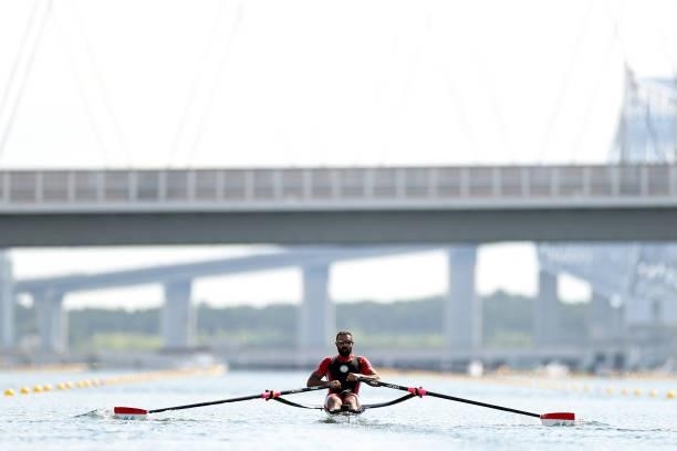 Mohammed Al Khafaji of Team Iraq competes during the Men's Single Sculls Repechage 1 on day one of the Tokyo 2020 Olympic Games at Sea Forest...