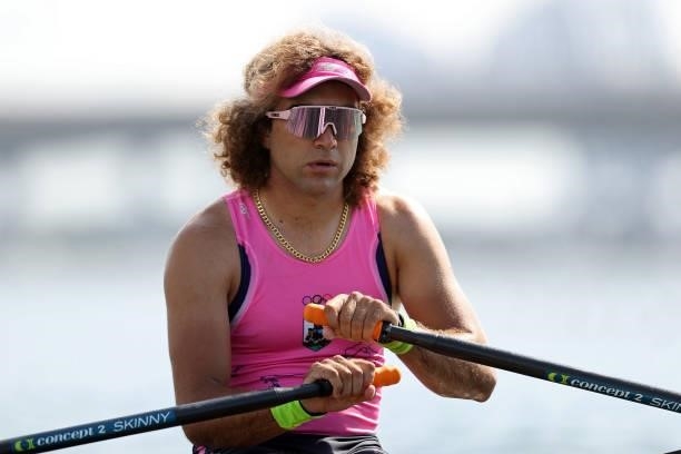 Dara Alizadeh of Team Bermuda competes during the Men's Single Sculls Repechage 2 on day one of the Tokyo 2020 Olympic Games at Sea Forest Waterway...