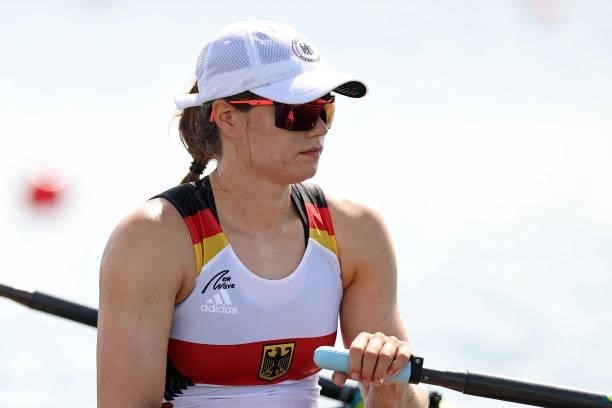 Leonie Menzel of Team Germany competes during the Women's Double Sculls Repechage 1 on day one of the Tokyo 2020 Olympic Games at Sea Forest Waterway...
