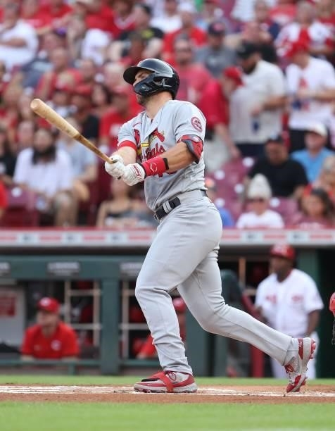 Paul Goldschmidt of the St. Louis Cardinals hits a home run against the Cincinnati Reds in the first inning at Great American Ball Park on July 23,...