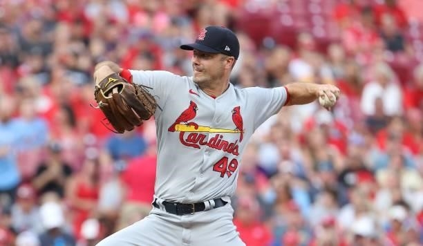 Wade LeBlanc of the St. Louis Cardinals throws a pitch against the Cincinnati Reds at Great American Ball Park on July 23, 2021 in Cincinnati, Ohio.
