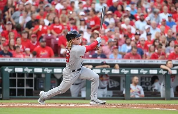 Harrison Bader of the St. Louis Cardinals hits a home run against the Cincinnati Reds in the second inning at Great American Ball Park on July 23,...