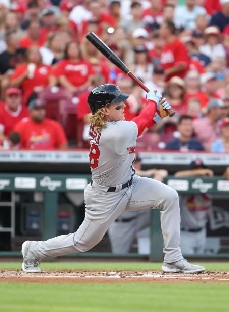 Harrison Bader of the St. Louis Cardinals hits a home run against the Cincinnati Reds in the second inning at Great American Ball Park on July 23,...