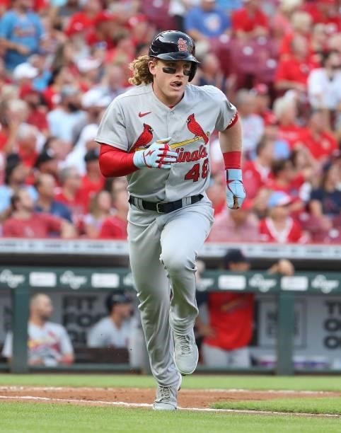 Harrison Bader of the St. Louis Cardinals runs the bases after hitting a home run against the Cincinnati Reds in the second inning at Great American...