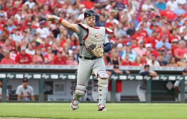 Andrew Kinzer of the St. Louis Cardinals throws the ball to first base against the Cincinnati Reds at Great American Ball Park on July 23, 2021 in...