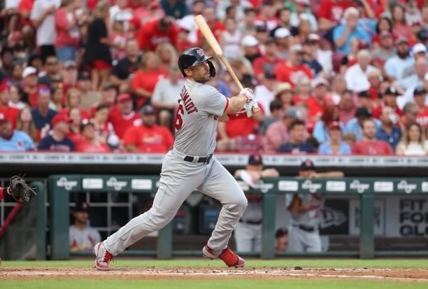 Paul Goldschmidt of the St. Louis Cardinals hits a single against the Cincinnati Reds in the third inning at Great American Ball Park on July 23,...