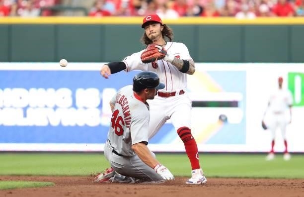 Jonathan India of the Cincinnati Reds throws the ball to first base to complete a double play in the third inning against the St. Louis Cardinals at...