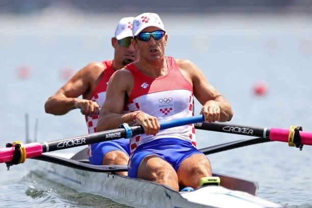 Martin Sinkovic and Valent Sinkovic of Team Croatia compete during the Men's Pair Heat 3 on day one of the Tokyo 2020 Olympic Games at Sea Forest...