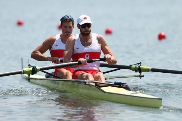 Kai Langerfeld and Conlin McCabe of Team Canada compete during the Men's Pair Heat 3 on day one of the Tokyo 2020 Olympic Games at Sea Forest...