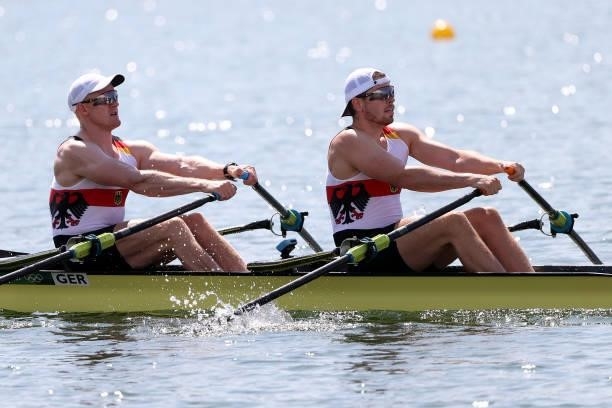 Stephan Krueger and Marc Weber of Team Germany compete during the Men's Double Sculls Repechage 1 on day one of the Tokyo 2020 Olympic Games at Sea...