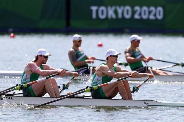 Ronan Byrne and Philip Doyle of Team Ireland compete during the Men's Double Sculls Repechage 1 on day one of the Tokyo 2020 Olympic Games at Sea...