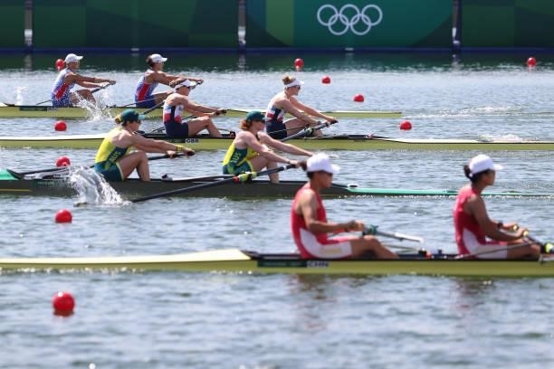 Helen Glover and Polly Swann of Team Great Britain compete against Teams ROC, Australia and China during the Women's Pair Heat 2 on day one of the...