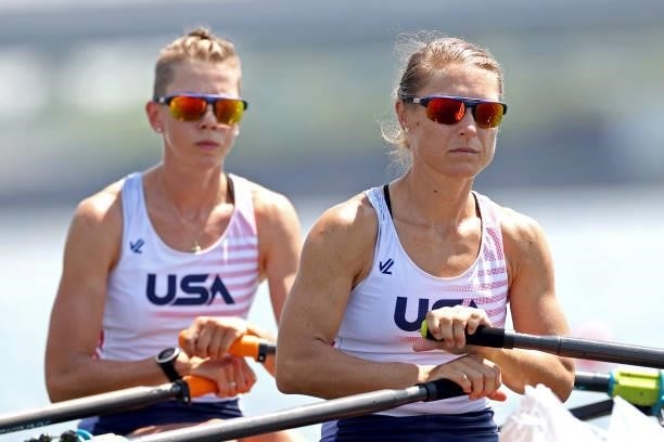 Mary Reckford and Michelle Sechser of Team United States wait prior to the Lightweight Women's Double Sculls Heat 1 on day one of the Tokyo 2020...