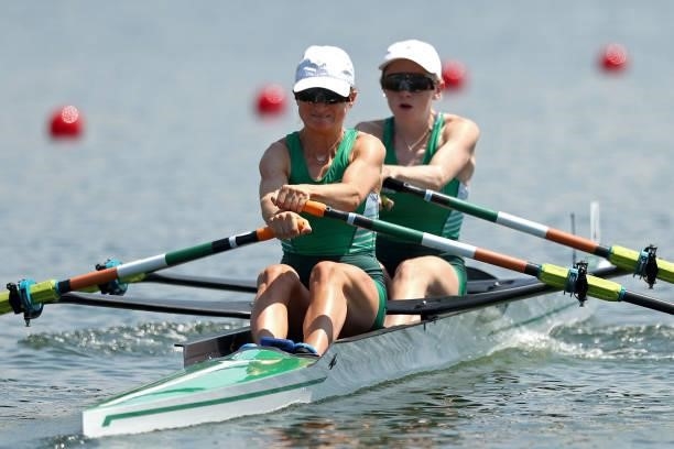 Margaret Cremen and Aoife Casey of Team Ireland compete during the Lightweight Women's Double Sculls Heat 1 on day one of the Tokyo 2020 Olympic...