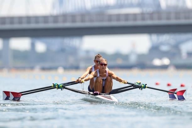 Michelle Sechser and Mary Reckford of Team United States compete during the Lightweight Women's Double Sculls Heat 1 on day one of the Tokyo 2020...