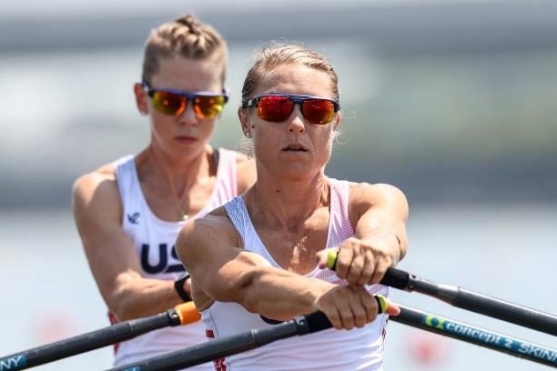Mary Reckford and Michelle Sechser of Team United States compete during the Lightweight Women's Double Sculls Heat 1 on day one of the Tokyo 2020...